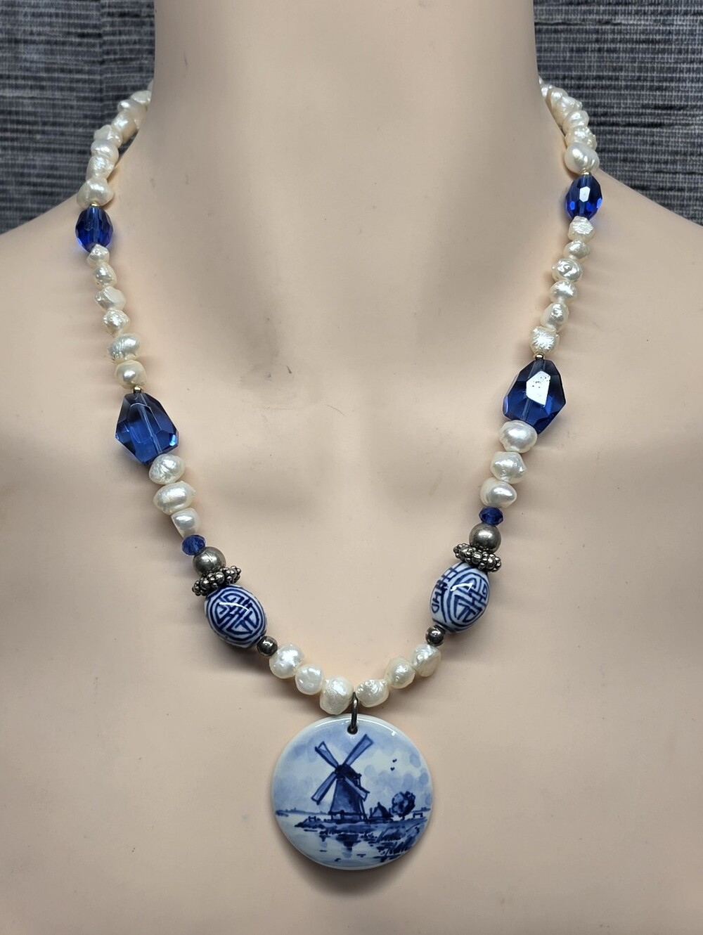 Artisan Delft Blue Windmill Pendant Necklace Freshwater Pearls 18" 925